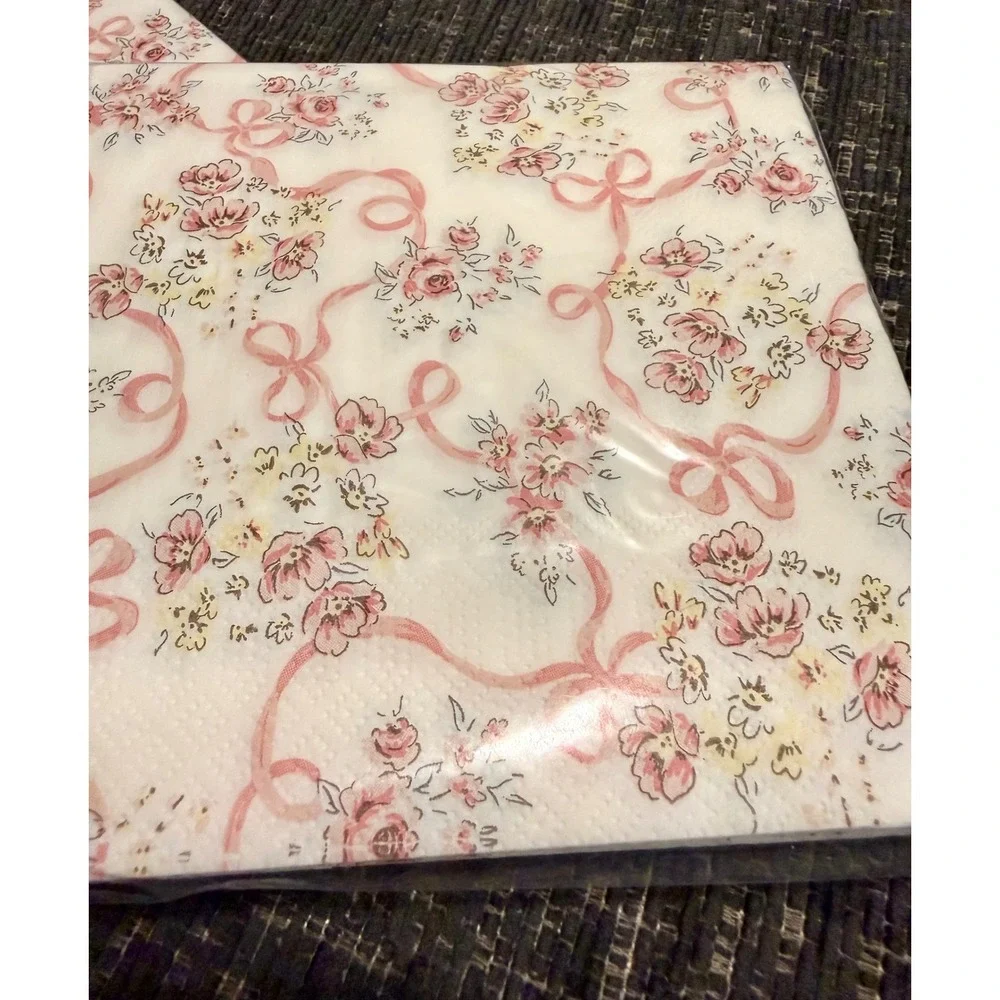 Amscan Luncheon Napkins Pink White New Floral Bows 2 Packs 32ct 2-Ply